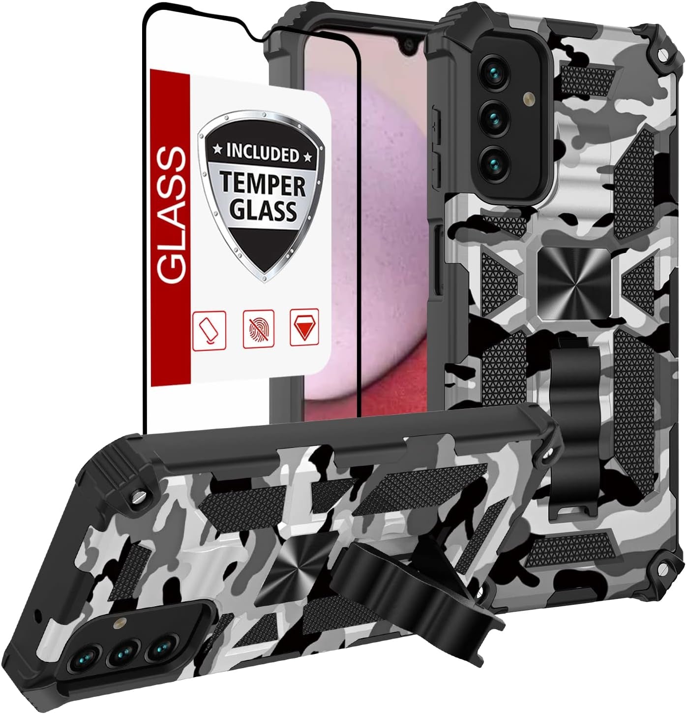 Cover for Galaxy A54 5G Case,Samsung A54 5G Case W/Tempered Glass Screen Protector(Full Coverage) Dual Layer Shockproof [Military-Grade][Built-In Kickstand] Protective Cover for Man White Black Camo  YOOBSTAR   