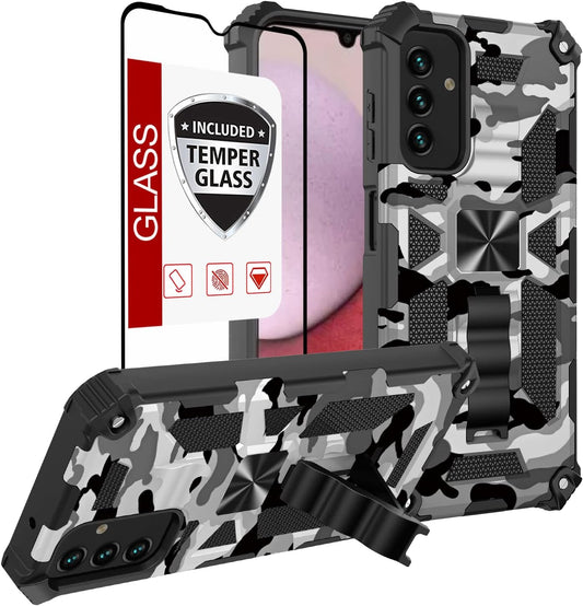Cover for Galaxy A54 5G Case,Samsung A54 5G Case W/Tempered Glass Screen Protector(Full Coverage) Dual Layer Shockproof [Military-Grade][Built-In Kickstand] Protective Cover for Man White Black Camo  YOOBSTAR   