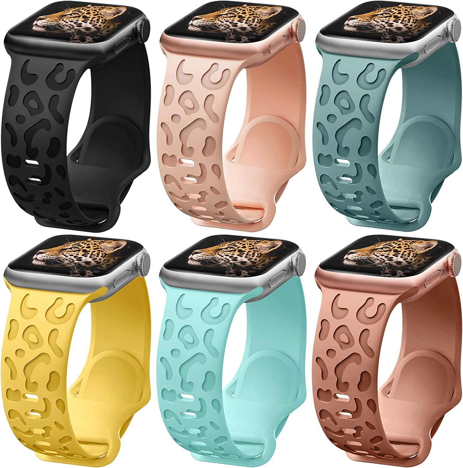 6 Pack Leopard Engraved Band Compatible with Apple Watch Band 38Mm 44Mm 45Mm 49Mm, Waterproof Cheetah Sport Silicone Wristbands Replacement for Iwatch Series 8 7 6 5 4 3 2 SE for Women Starlight-42  TurnForY I-Black/ Pink Sand/ Pine Green/ Yellow/ Water Green/ Brown 42mm/44mm/45mm/49mm 