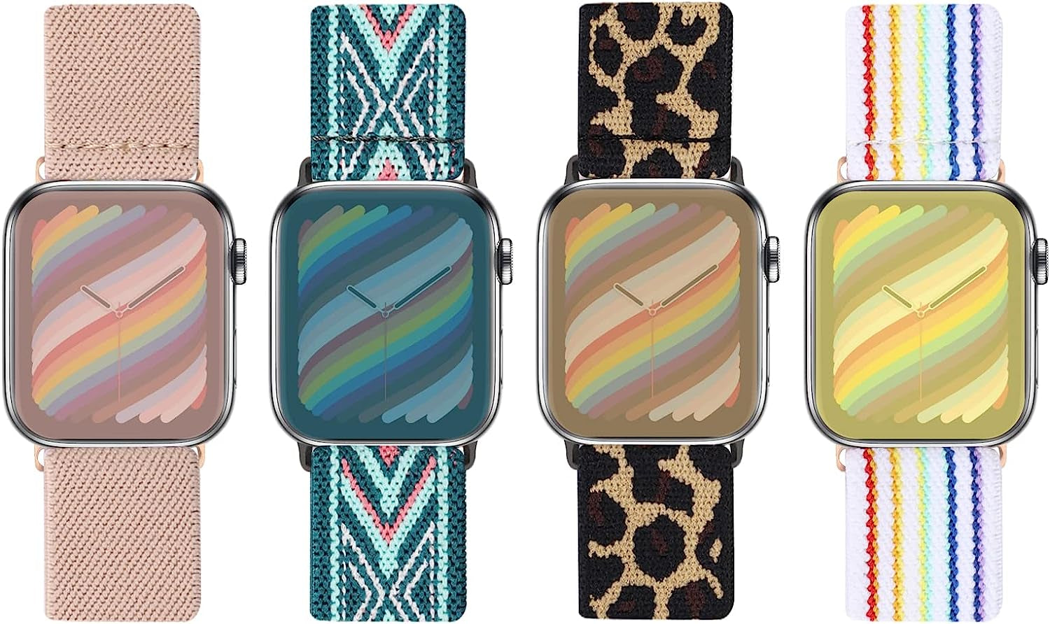 Silutupo Stretchy Bands Compatible with Apple Watch Band 38Mm 40Mm 41Mm for Women - 4 Pack Braided Nylon Watch Band Compatible for Iwatch Series 7 6 5 4 3 2 1 SE  Silutupo White Rainbow/Leopard/Arrow/Pink  