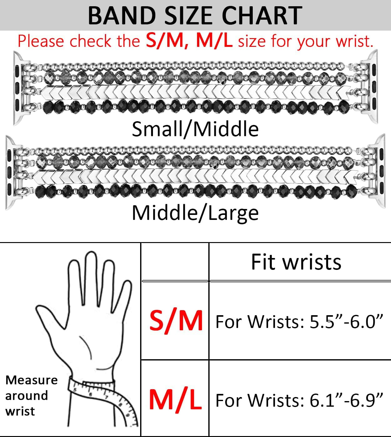 Fastgo Bracelet Band Beaded Compatible with Apple Watch 38Mm 40Mm 41Mm 42Mm 44Mm 45Mm 49Mm Women, Fashion Elastic Stretch Strap Bands for Iwatch SE &Series Ultra 8 7 6 5 4 3 2 1(Black/Sliver/Grey,S/M)  fastgo   