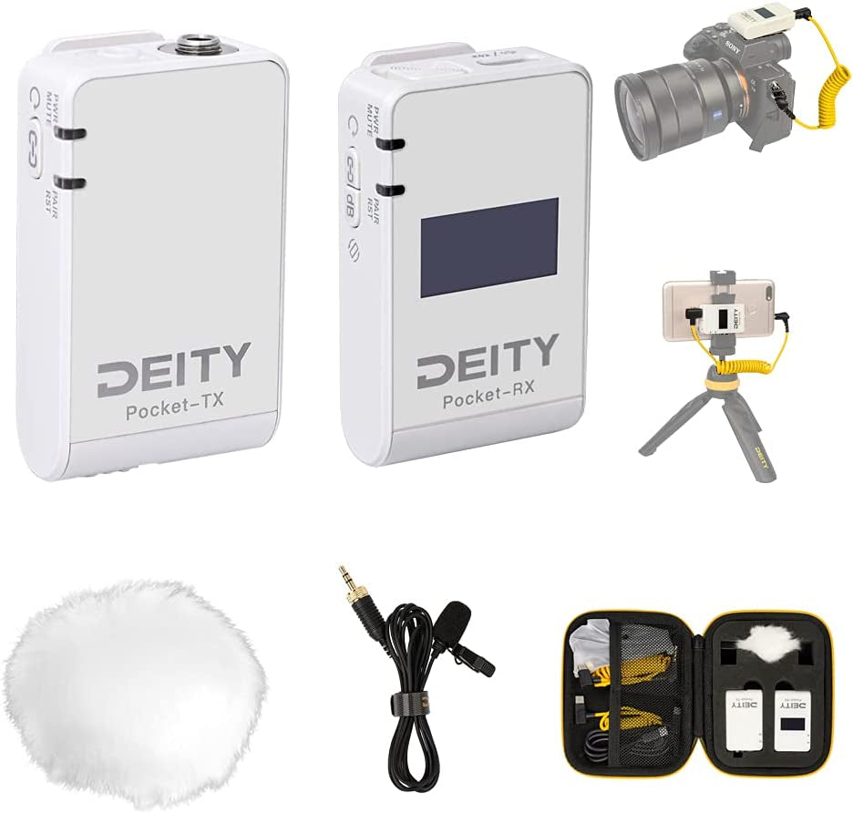 Deity Pocket Wireless Microphones 2.4Ghz Pocket Wireless System Lavalier Microphone with OLED Display for Vlog Video Interview Youtube Facebook Live DSLR Camera Smartphone Tablet (White)  Deity   