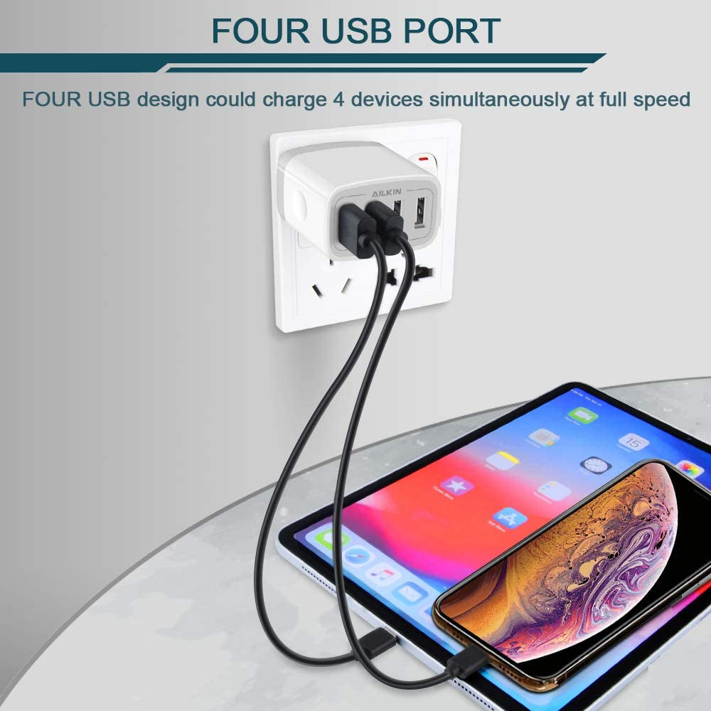 USB Charger Cube, Wall Charger Plug, AILKIN 4.8A 4-Muti Port Adapter Power Plug Charging Station Box Base Replacement for Iphone 14 13 12 11 Pro Max/X/8/7, Ipad, Samsung Phones  Shenzhen Putuo Technology Co.,Ltd   
