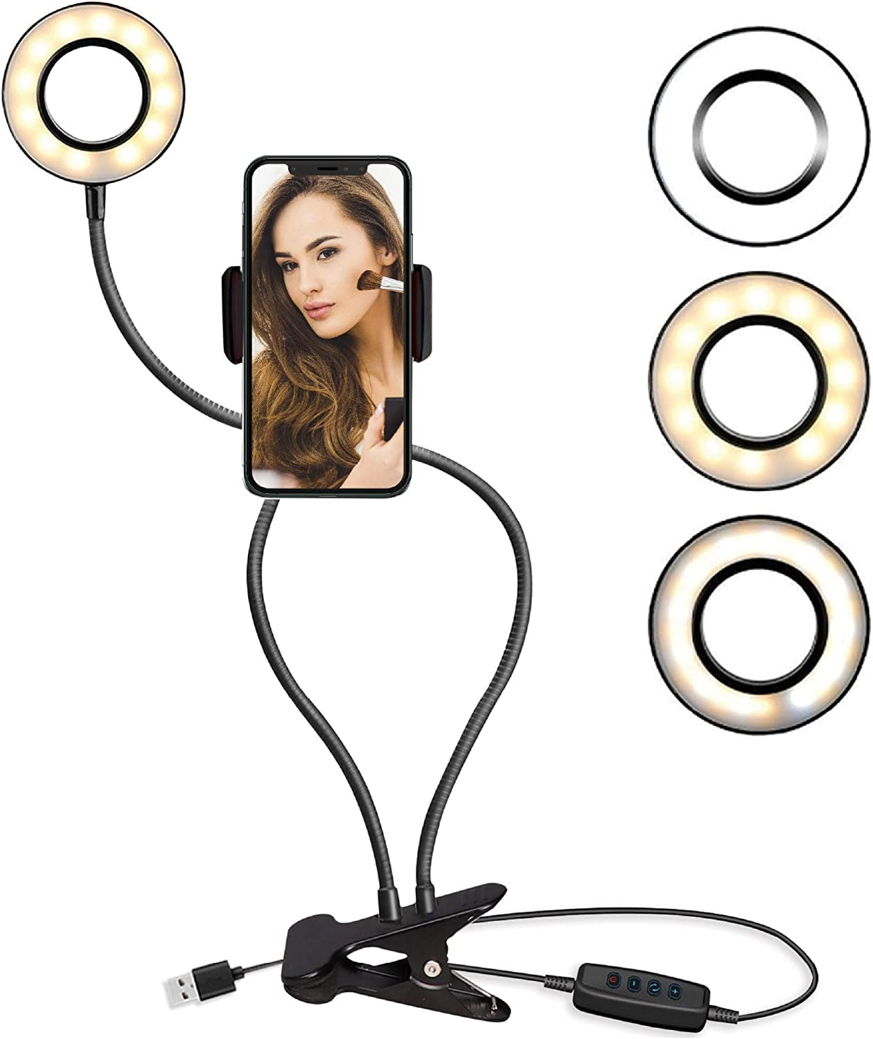 TALK WORKS Selfie Ring Light Cell Phone Holder Compatible W/Iphone 13/13 Pro/13 Pro Max/14/14 Plus/14 Pro/14 Pro Max - Flexible Clip USB LED Stand for Live Streaming W/ 10 Brightness Levels (Black)  MAP 140 (Talkworks)_Private Label (bounty)   