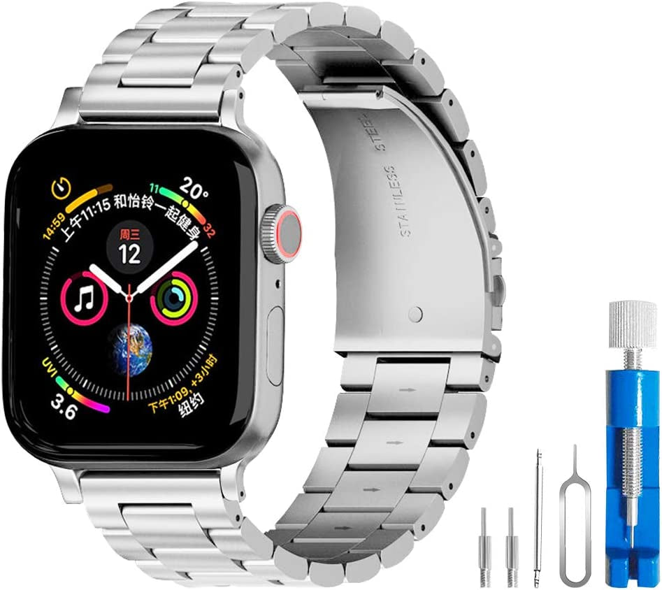 U191U Band Compatible with Apple Watch Stainless Steel Wristband Metal Buckle Clasp Iwatch 38Mm 40Mm 41Mm Strap Bracelet for Apple Watch Series 7/6/5/4/3/2/1 Sports Edition (Silver/Gold, 38/40/41MM)  U191U Silver 42mm/44mm/45mm 