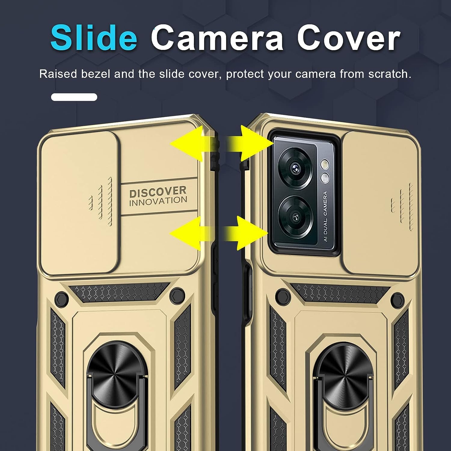 Janmitta Oneplus Nord N300 5G Case Built in Slide Camera Lens Cover and Screen Protector,Heavy Duty Shockproof Full Body Protective Phone Cover,Built in Finger Ring Stable Holder Kickstand,2022 Gold  Janmitta   