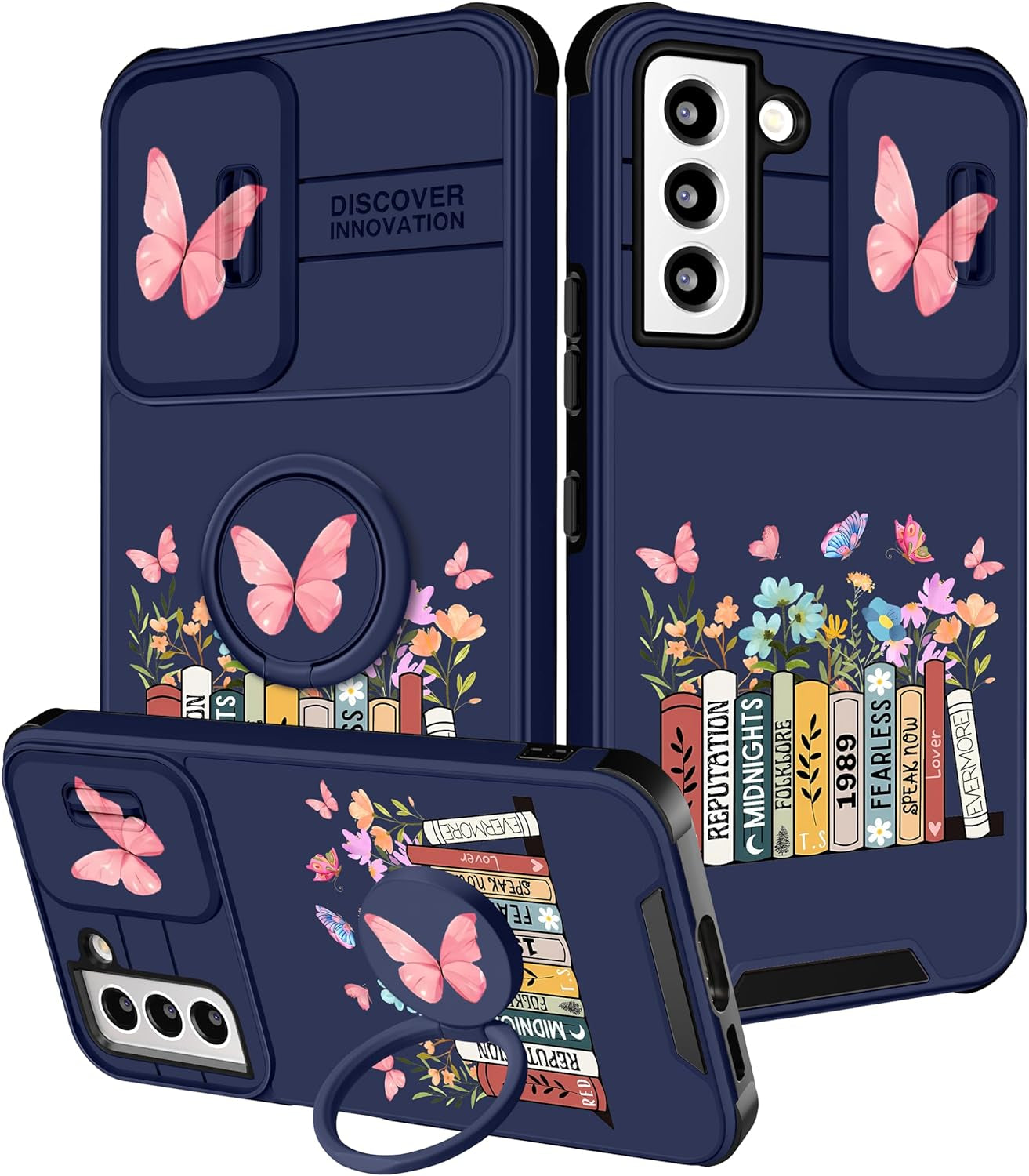Funermei (2In1 for Samsung Galaxy S22 Case for Girls Women Cute Butterfly Cover Girly Aesthetic Black Pretty Fashion Design with Camera Cover and Ring Stand Funda for Galaxy S22 Phone Cases  Funermei 4-For Books  