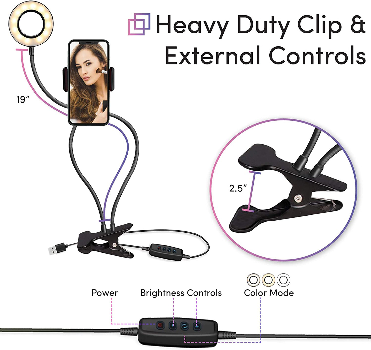 TALK WORKS Selfie Ring Light Cell Phone Holder Compatible W/Iphone 13/13 Pro/13 Pro Max/14/14 Plus/14 Pro/14 Pro Max - Flexible Clip USB LED Stand for Live Streaming W/ 10 Brightness Levels (Black)  MAP 140 (Talkworks)_Private Label (bounty)   