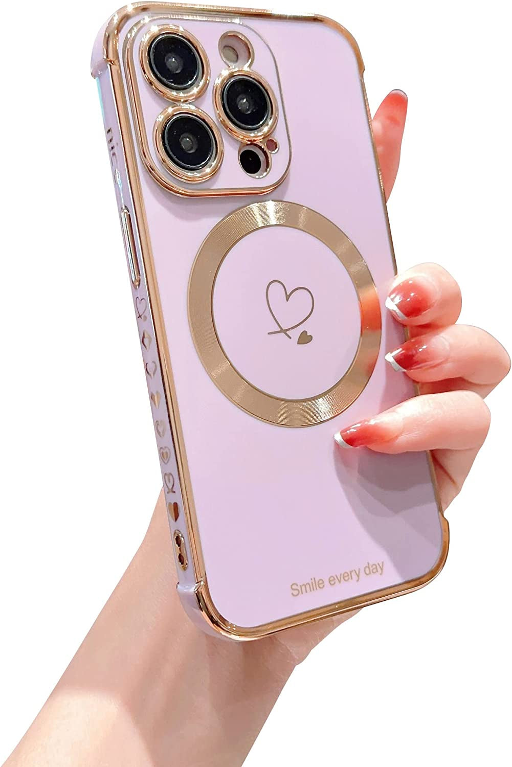 Hosgor Compatible with Magsafe Iphone 14 Pro Case for Women, Luxury Plating Cute Heart with Magnetic Wirless Charging Design Soft TPU Shockproof Bumper Case for Iphone 14 Pro 6.1Inch - (Deep Purple)  Hosgor Purple Iphone 14 Pro Max 