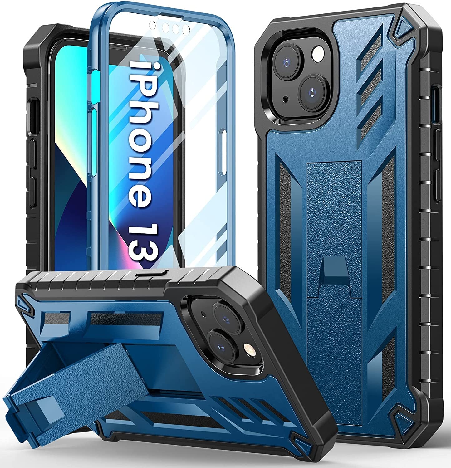 For Iphone 13-14 Case Protective Cover: Heavy Duty Military Grade Hard Protection with Belt Clip | Shock Proof Grip Durable Design Iphone 13 Cell Phone Case with Built-In Kickstand (Belt-Clip Blue)  SOiOS Blue  