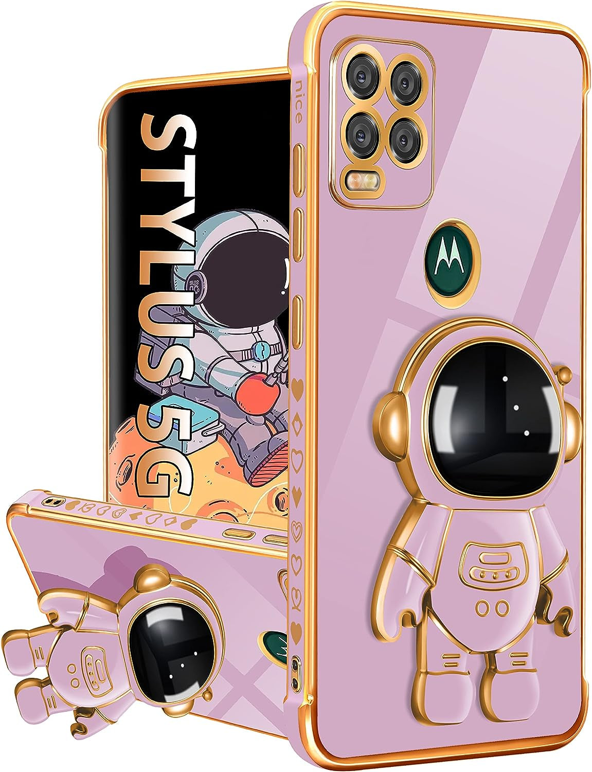 Buleens for Motorola Moto G Stylus 5G Case, Cute Heart Pattern 6D Gold Plating Astronaut Hidden Stand Phone Cases for Moto G Stylus 5G 2021 6.8 Inch-Black  Buleens Only For Moto G Stylus 5G 2021-Purple  