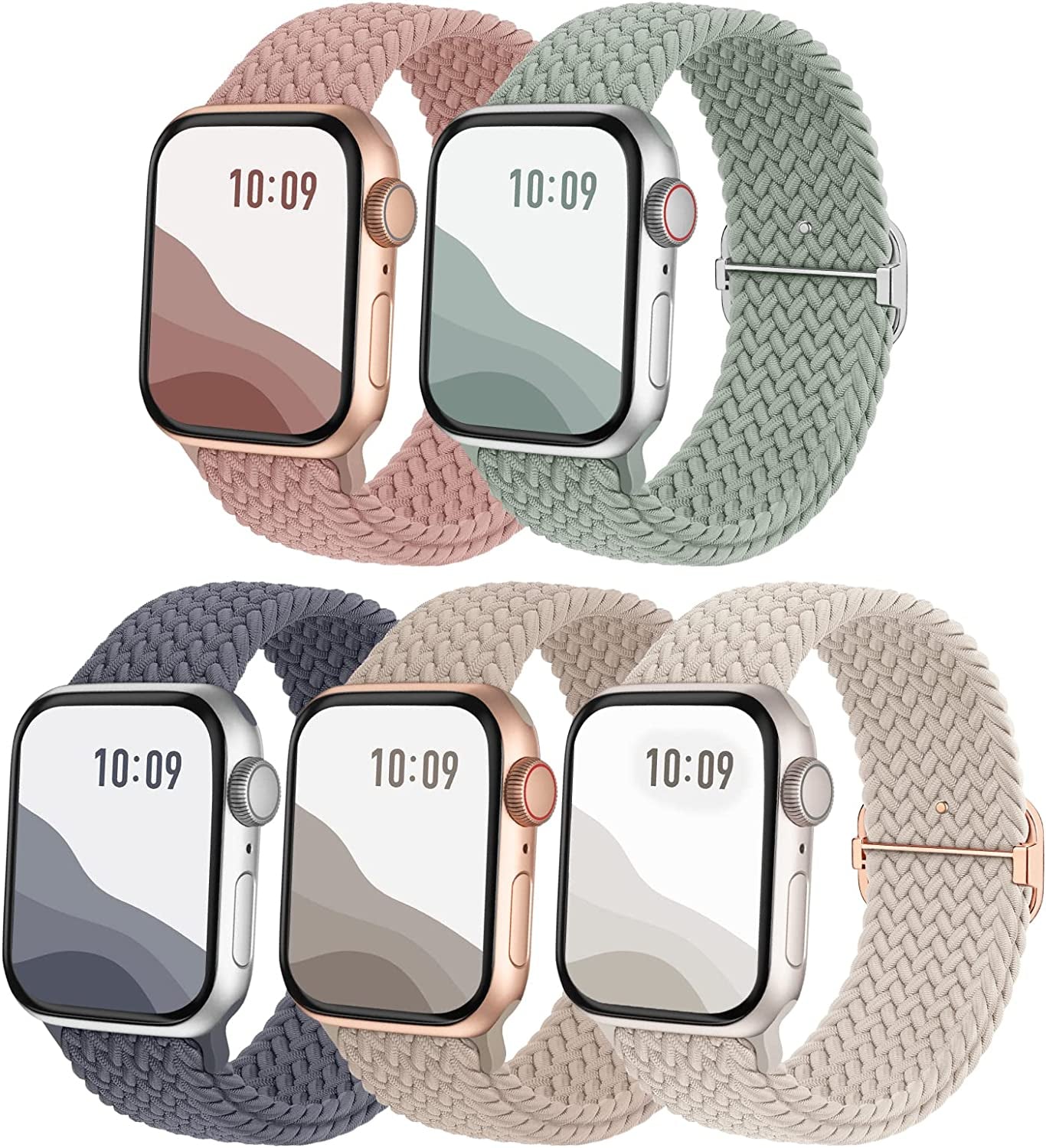 Braided Solo Loop Bands 5-Pack Compatible with Apple Watch Band 38Mm 40Mm 41Mm 42Mm 44Mm 45Mm 49Mm Women Men, Adjustable Stretchy Elastic Strap for Iwatch Series Ultra SE 8 7 6 5 4 3 2 1  Viccoky BlueGrey/NudePink/LightGreen/MilkTea/Starlight 38/40/41mm 