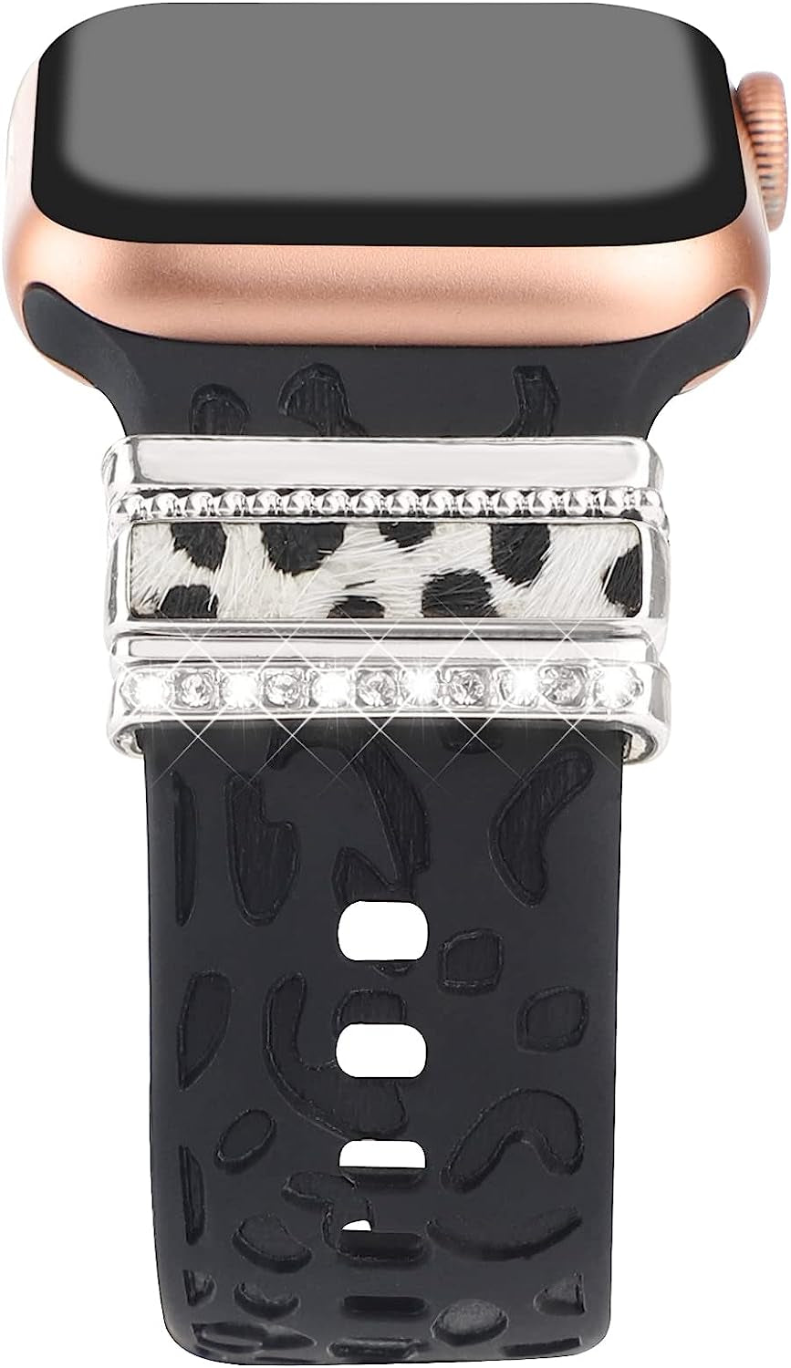 Decorative Rings Loops Compatible with Apple Watch Silicone Bands Charms 45Mm 44Mm 42Mm 41Mm 40Mm 38Mm Iwatch Series 8 7 6 5 4 3 2 1 Watchband Metal Diamond Charms Accessories (No Band)  FERJITGR Leopard Print Silver  