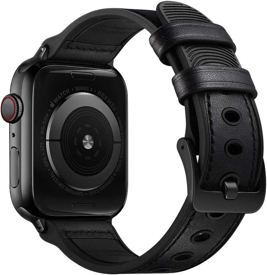 OUHENG Compatible with Apple Watch Band 49Mm 45Mm 44Mm 42Mm, Sweatproof Genuine Leather and Rubber Hybrid Band Strap for Iwatch Ultra Series 8 7 6 5 4 3 2 1 SE2 SE, Brown Band with Black Adapter  OUHENG Black/Black 2.0 41mm/40mm/38mm 