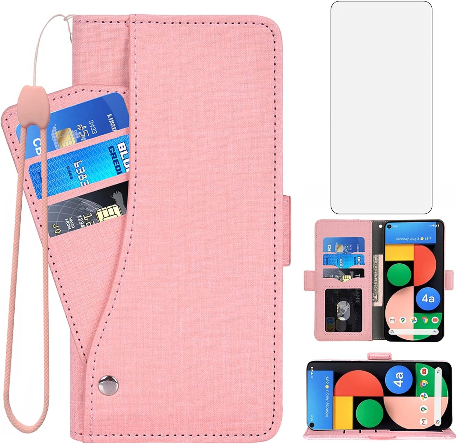 Asuwish Compatible with Google Pixel 4A 5G 6.2 Wallet Case Tempered Glass Screen Protector and Flip Cover Card Holder Stand Cell Phone Cases for Pixel4A5G UW Pixel4A 5G Pixle A4 G5 4A5G Women Men Blue  Asuwish Pink For Pixel 4A 5G 