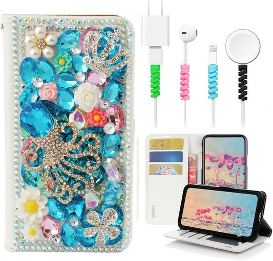 STENES Bling Wallet Case Compatible with LG V40 Thinq - Stylish - 3D Handmade Gemstone Octopus Crown Leather Cover with Cable Protector [4 Pack] - Light Blue  STENES   