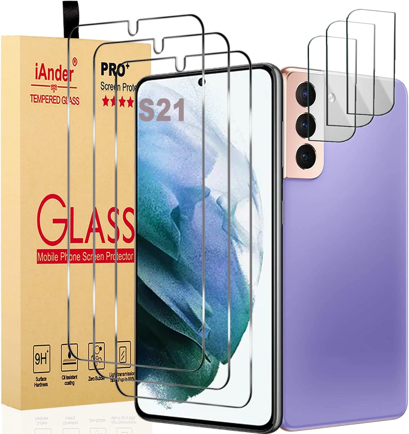 Iander 3 Pack Glass Screen Protector for Galaxy S21, 3 Pack Camera Lens Protector with Easy Installation Tray, Supports Fingerprint Sensor, HD Retina Clarity, Case Friendly  iAnder   