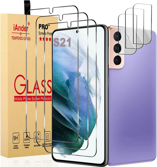 Iander 3 Pack Glass Screen Protector for Galaxy S21, 3 Pack Camera Lens Protector with Easy Installation Tray, Supports Fingerprint Sensor, HD Retina Clarity, Case Friendly  iAnder   