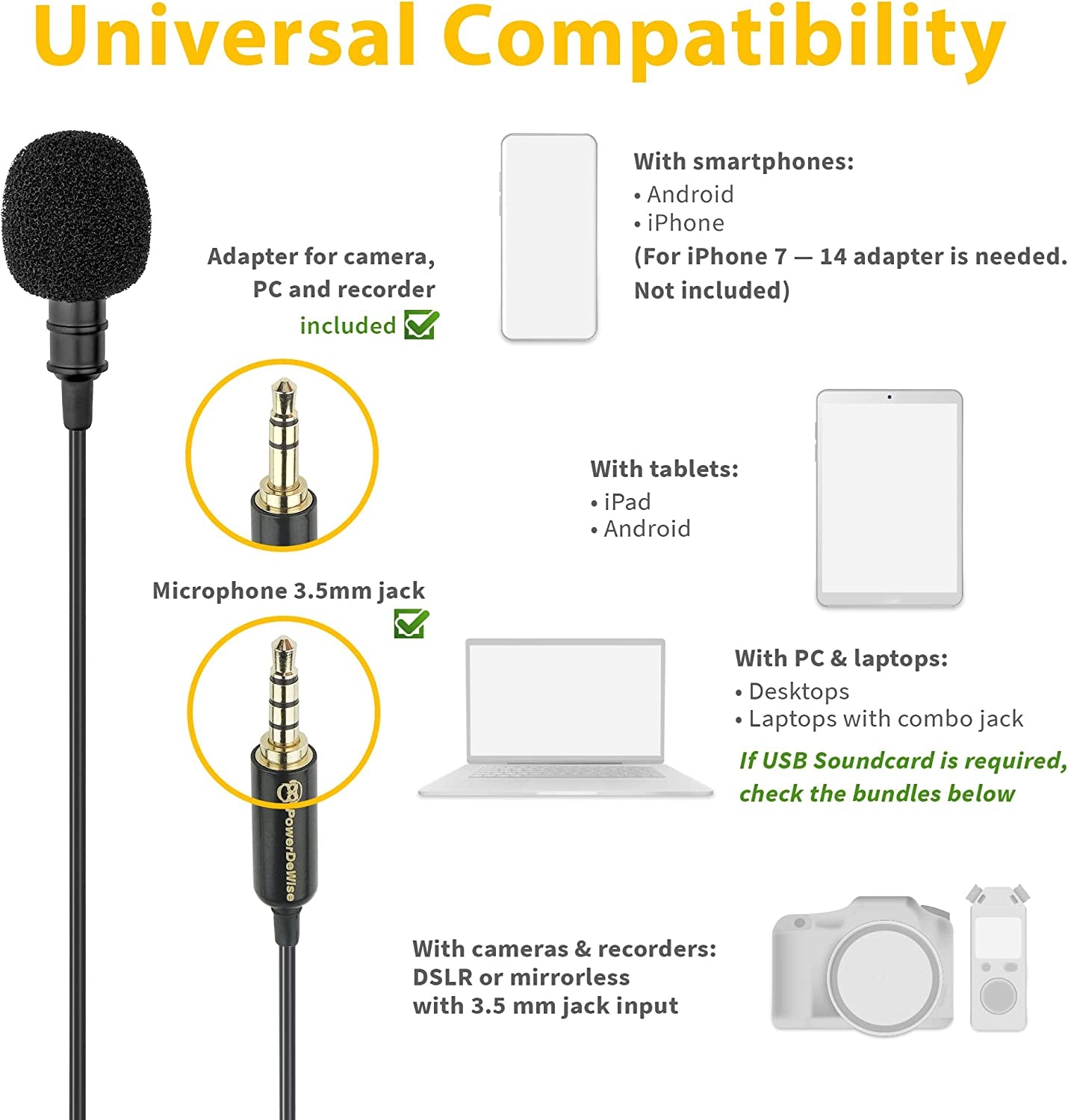Powerdewise Professional Grade Lavalier Clip on Microphone - Lav Mic for Camera Phone Iphone Gopro Video Recording ASMR - Small Noise Cancelling 3.5Mm Tiny Shirt Microphone with Easy Clip on System  PowerDeWise   