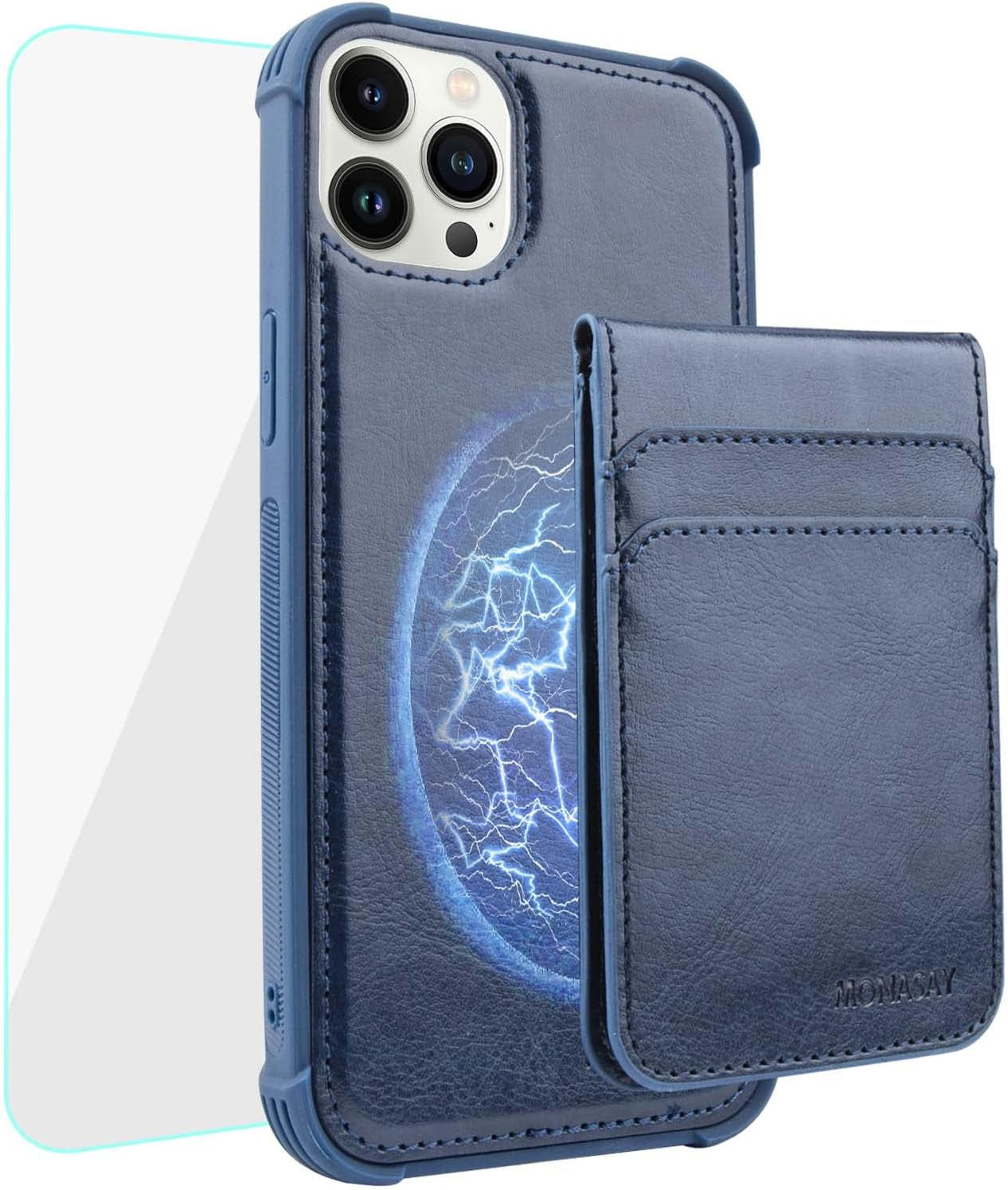 MONASAY Magwallet Case for Iphone 13 Pro Max,[Support Magsafe Wireless Charging][Glass Screen Protector] Flip Magnetic Leather Wallet Phone Cover with Detachable RFID Blocking Card Holder, Dark Green  MONASAY Dark blue  