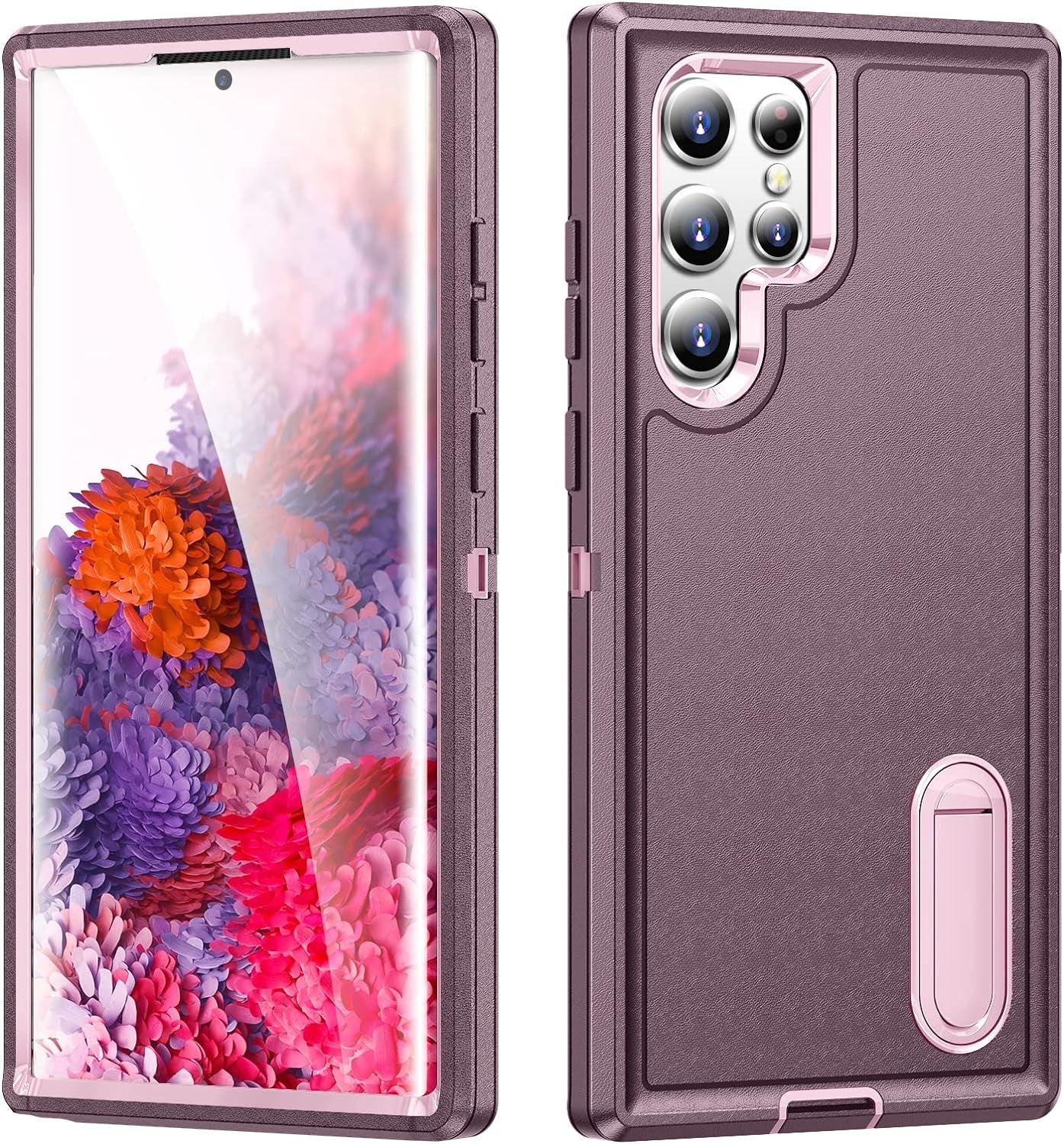 Fucozan for Samsung Galaxy S22 Ultra Case with Kickstand Case 3-Layer Military Grade Protective Case Cover Silicone Heavy Duty Rugged Shockproof for Galaxy S22 Ultra Phone Case (Purple Red+Pink)  Fucozan   