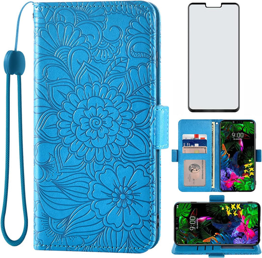 Compatible with LG G8 Thinq Wallet Case and Tempered Glass Screen Protector Card Holder Stand Leather Flip Cell Accessories Phone Cover for LGG8 Thin Q G 8 LG8 G8Thinq Lgg8Thinq 8G Women Men Blue  Asuwish   