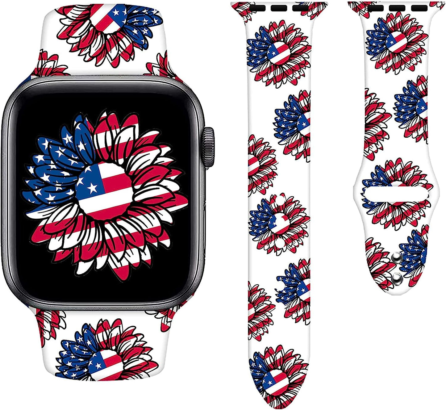 Watch Bands Compatible Apple Watch for Women Men, Adjustable Smart Watch Band Soft Silicone Wristbands Replacment Strap for Watch Series 7 6 5 4 3 2 1  KASDBY Sunflower American White 0 42mm/44mm/45mm 