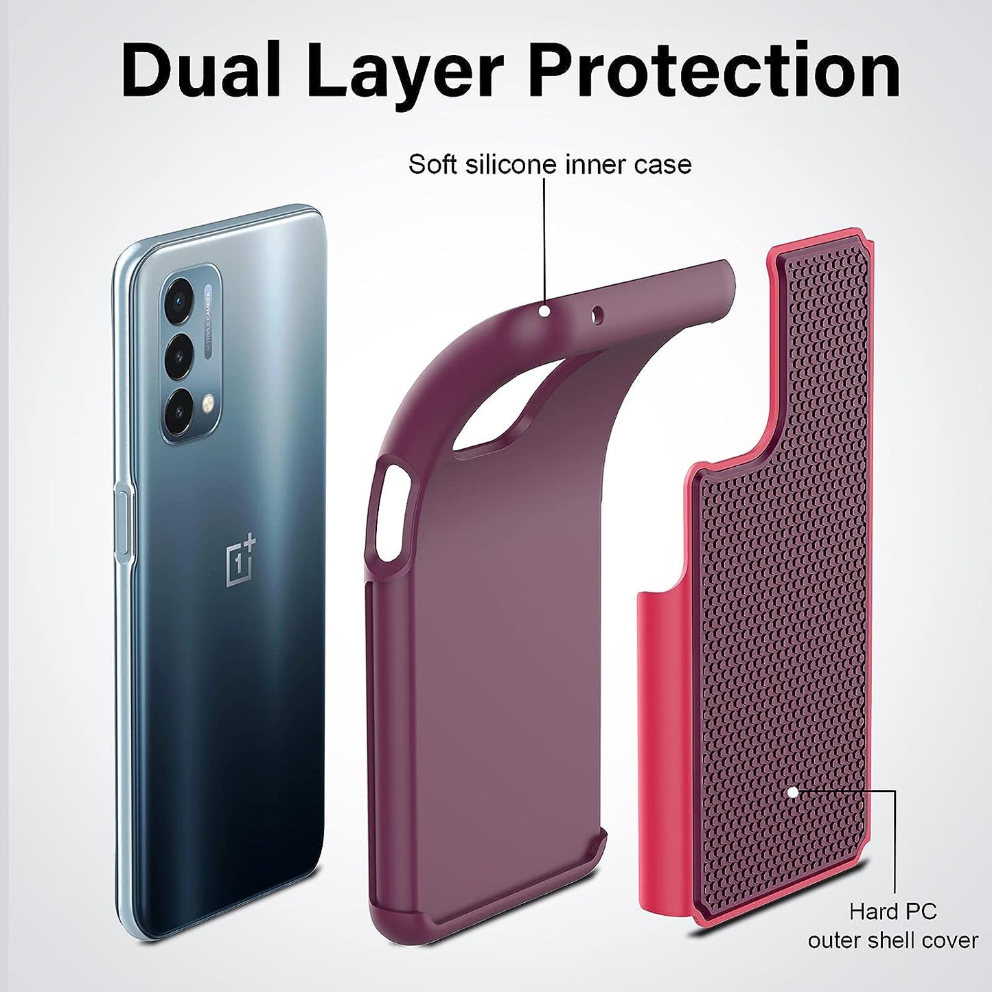 NTZW for Oneplus Nord N200 5G Case: Heavy Duty Shockproof Protective Phone Case [2 Tempered Glass Screen Protector] Anti-Slip Textured Hard Cover + Soft Silicone Bumper, Military Armor Case - Burgundy  yanshichuang   