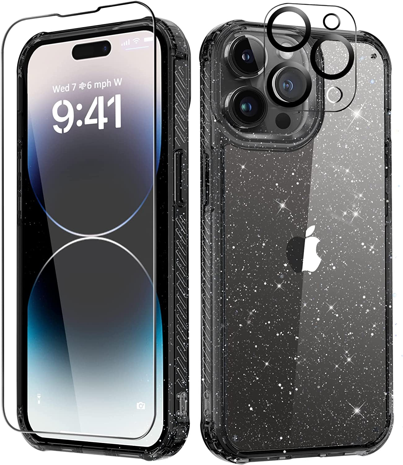 MIODIK for Iphone 14 Pro Max Case Clear Glitter, with Screen Protector + Camera Protector, [Military-Grade Protective] [Non-Yellowing] Slim Shockproof Women Cute Bumper Cover 6.7" 2022 (Light Purple)  MIODIK Black  