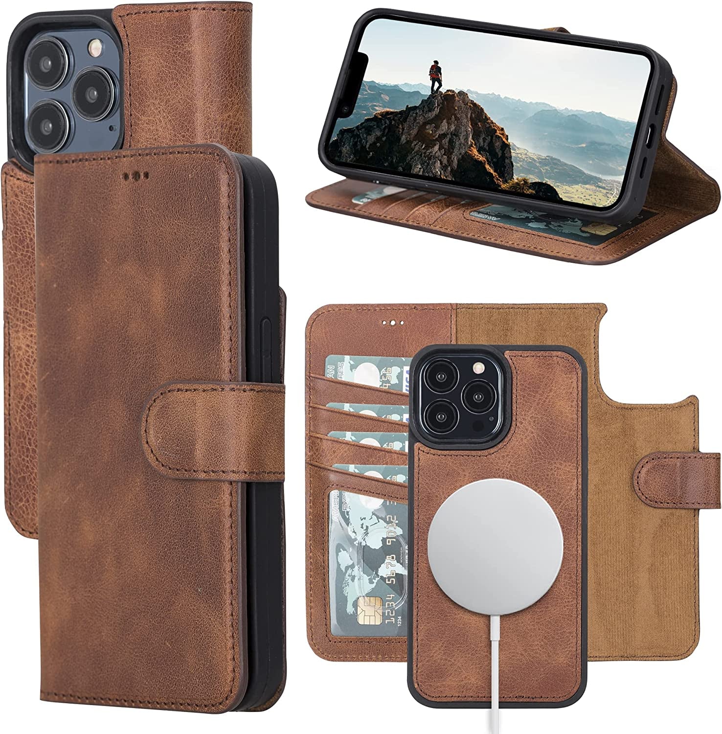 OXA Leather 2-In-1 Wallet Case Compatible with Iphone 14 Pro Max | Magnetic Detachable | Shockproof | RFID Blocking | Flip Case with Kickstand | Compatible with Magsafe | - Purple  OXA Brown iPhone 14 Pro Max 