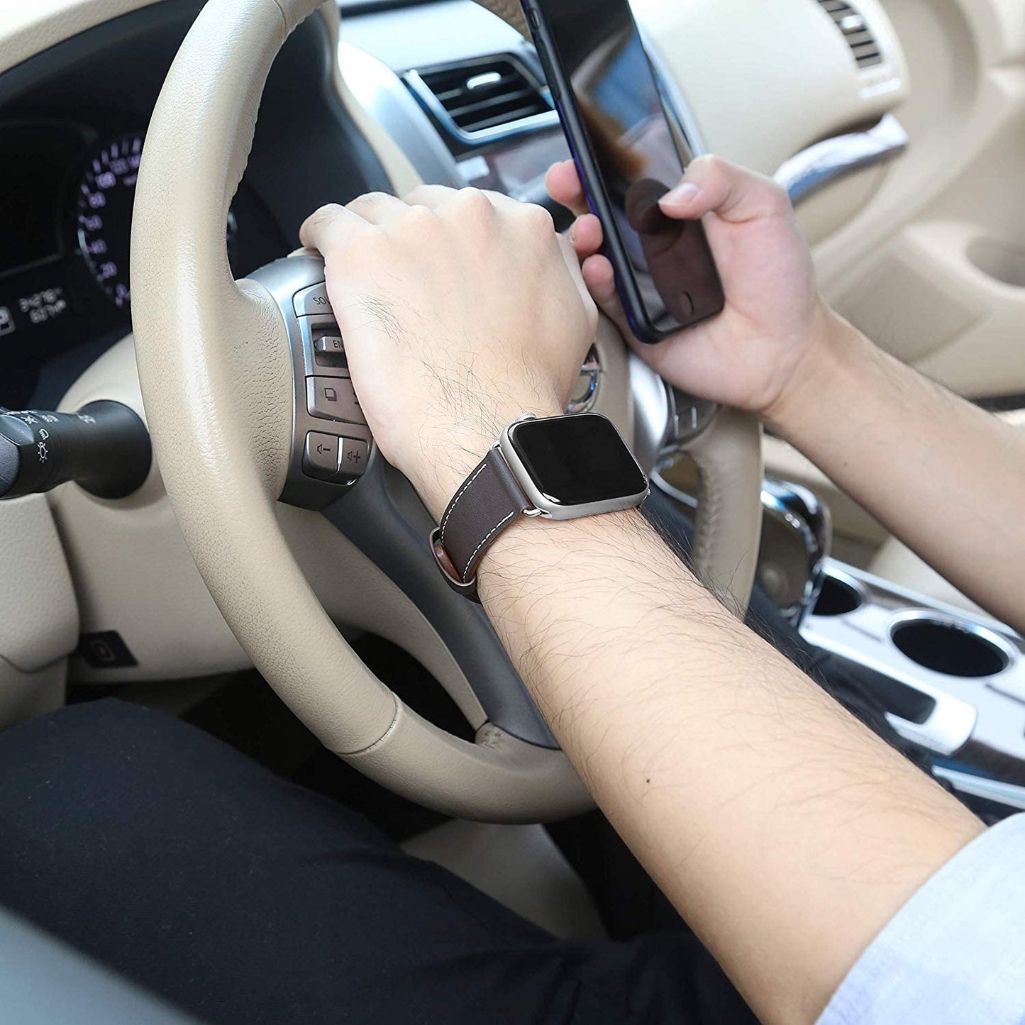 MARGE plus Compatible with Apple Watch Band Series SE 8 7 6 5 4 3 2 1 Ultra 49Mm 45Mm 41Mm 44Mm 40Mm 42Mm 38Mm, Genuine Leather Replacement Band for Iwatch, Leather Apple Watch Strap for Women & Men Ebony/Silver  MARGE PLUS   