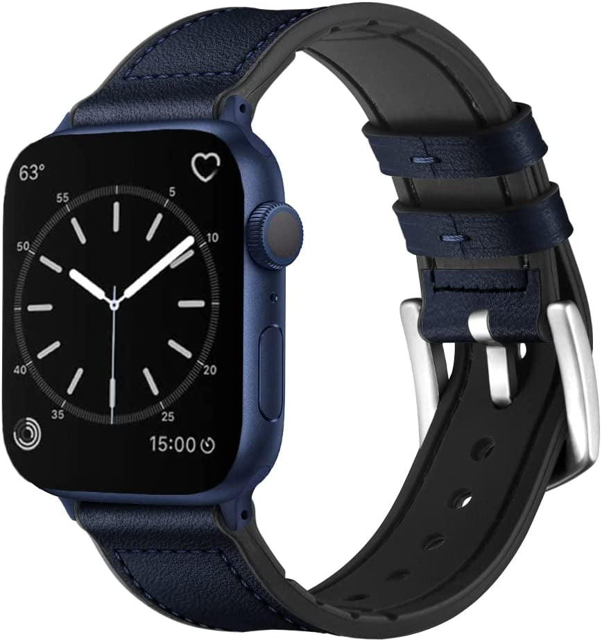 OUHENG Compatible with Apple Watch Band 49Mm 45Mm 44Mm 42Mm, Sweatproof Genuine Leather and Rubber Hybrid Band Strap for Iwatch Ultra Series 8 7 6 5 4 3 2 1 SE2 SE, Brown Band with Black Adapter  OUHENG Dark Blue/Blue 41mm/40mm/38mm 