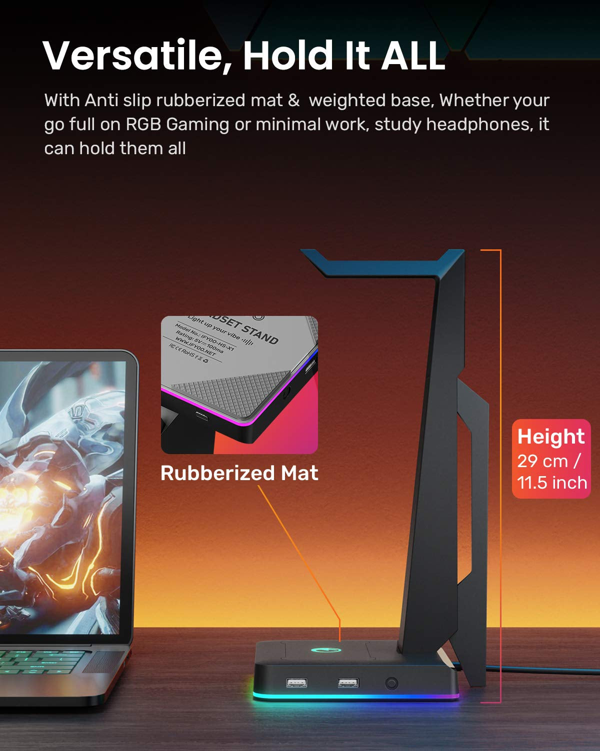 IFYOO RGB Gaming Headset Stand with 2 USB Ports, Game Headphone Mount for PC, Xbox One, PS4, Switch, Earphone Holder Hanger, Great for Gaming Stations, Fancy Desk Gamer Accessories, Black  IFYOO   