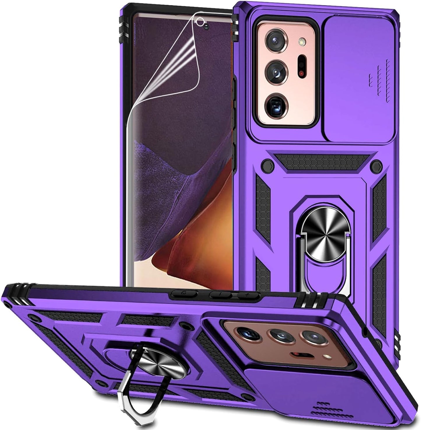 For Samsung Galaxy Note 20 Ultra Case with Camera Lens Cover HD Screen Protector, Military-Grade Drop Tested Magnetic Ring Holder Kickstand Protective Phone Case for Galaxy Note 20 Ultra 5G (Navy)  JINZHI Inc Purple With Camera Cover Military-Grade 2Nd Gen  