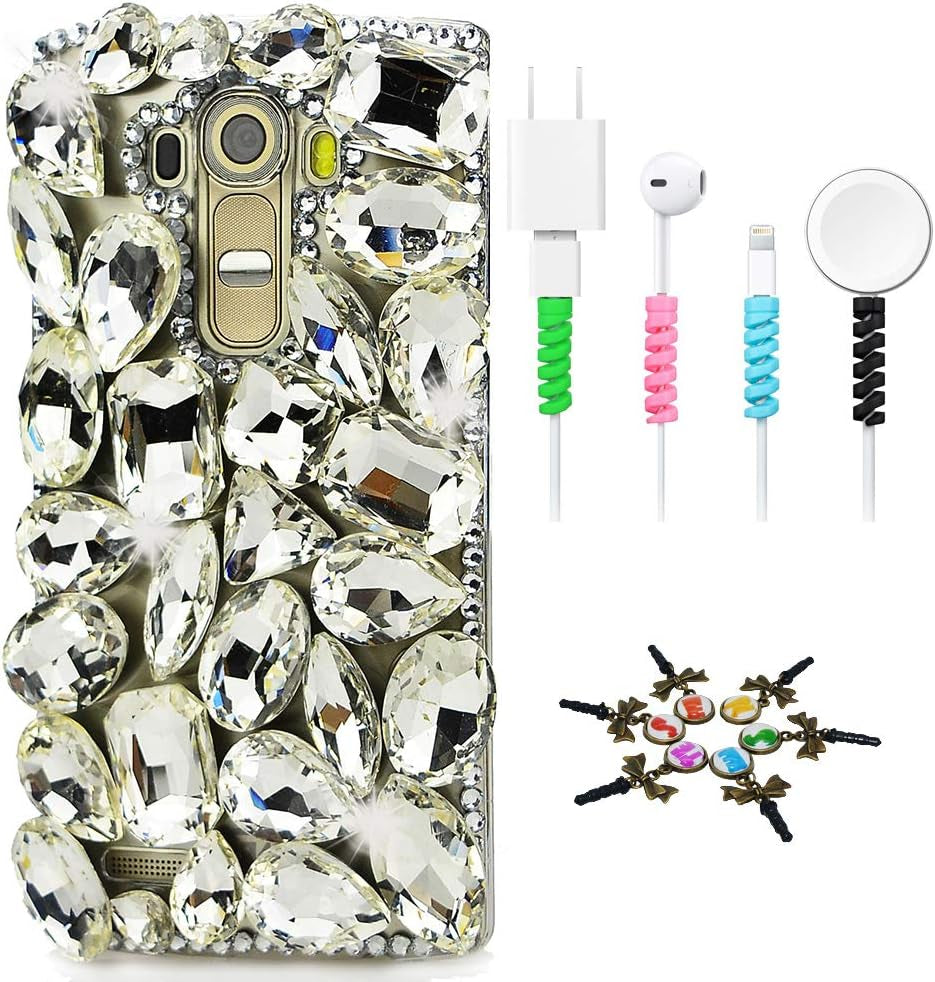 STENES Bling Case Compatible with LG G8 Thinq - Stylish - 3D Handmade Sparkle Series Pretty Rhinestones Design Cover with Cable Protector [4 Pack] - White  STENES   