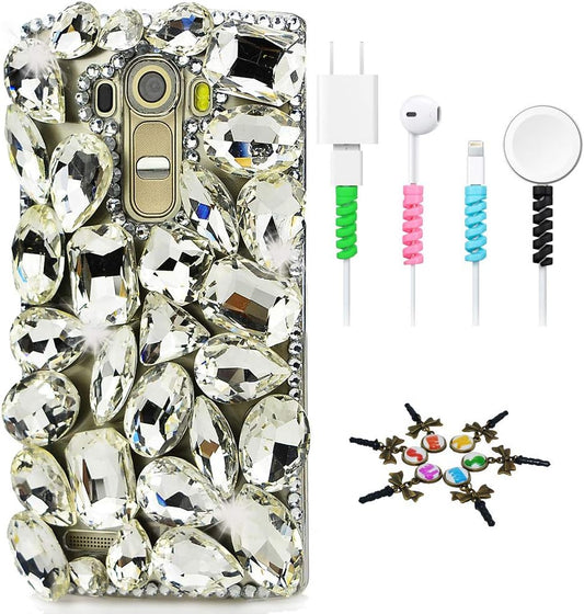 STENES Bling Case Compatible with LG G8 Thinq - Stylish - 3D Handmade Sparkle Series Pretty Rhinestones Design Cover with Cable Protector [4 Pack] - White  STENES   