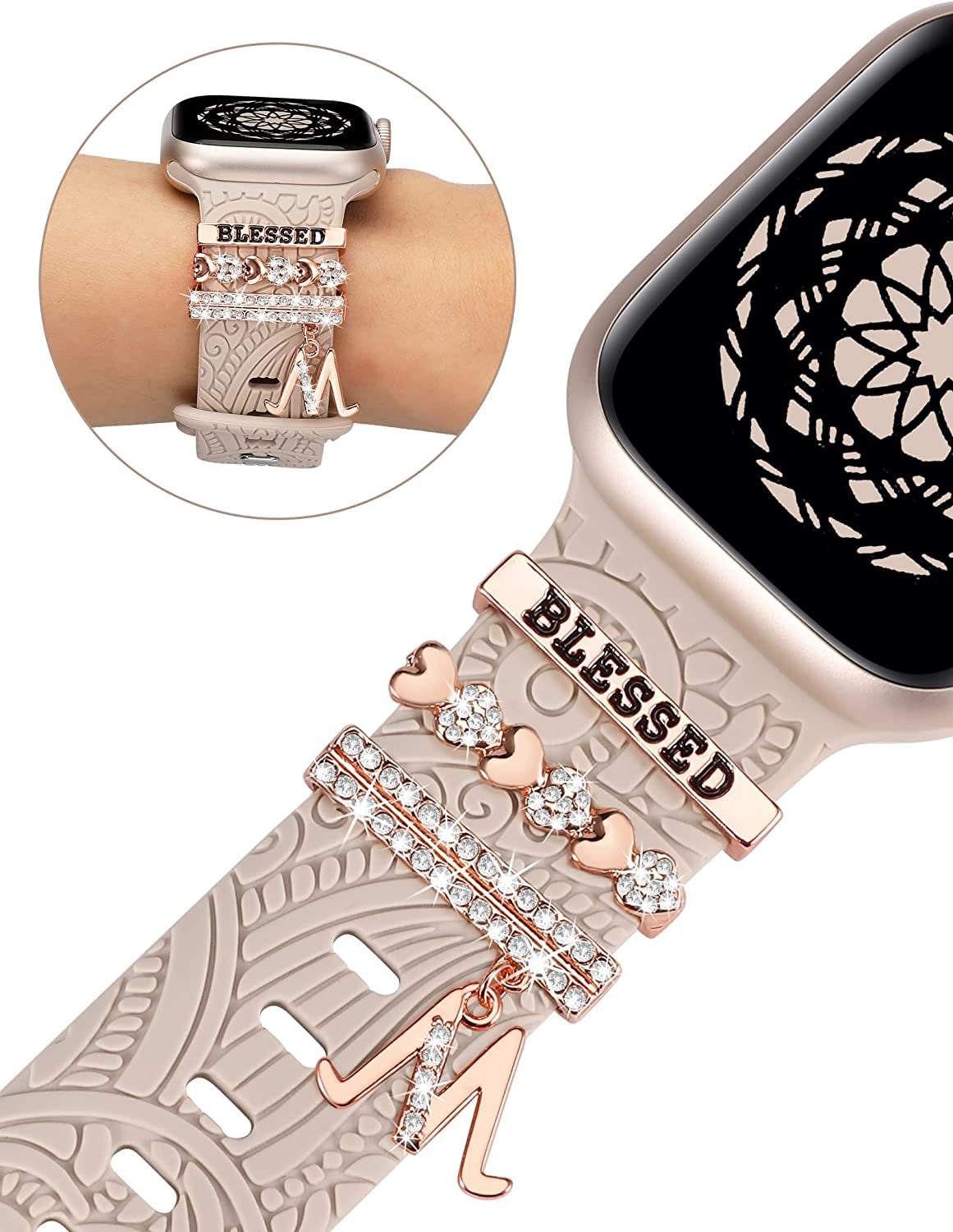 (Include Band) Decorative Ring Loops Compatible with Apple Watch Band Charms 41/40/38/42/44/45/49Mm Women, Boho Engraved Fancy Accessories Silicone Strap for Iwatch Series 8 SE Ultra 7 6 5 4 3 2 1  TOYOUTHS   