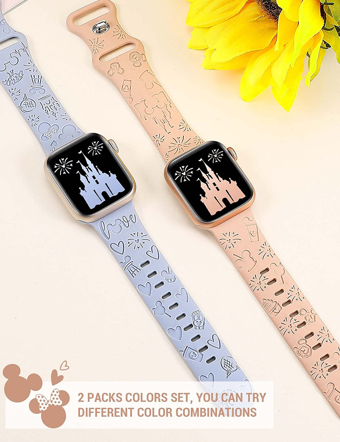 Girovo 2 Packs Cartoon Engraved Bands Compatible with Apple Watch Bands 38Mm 40Mm 41Mm 44Mm 45Mm 42Mm 49Mm Women, Cute Anime Designer Soft Silicone Strap for Iwatch Series 8/7/6/5/4/3/2/1/Se/Ultra  Girovo   