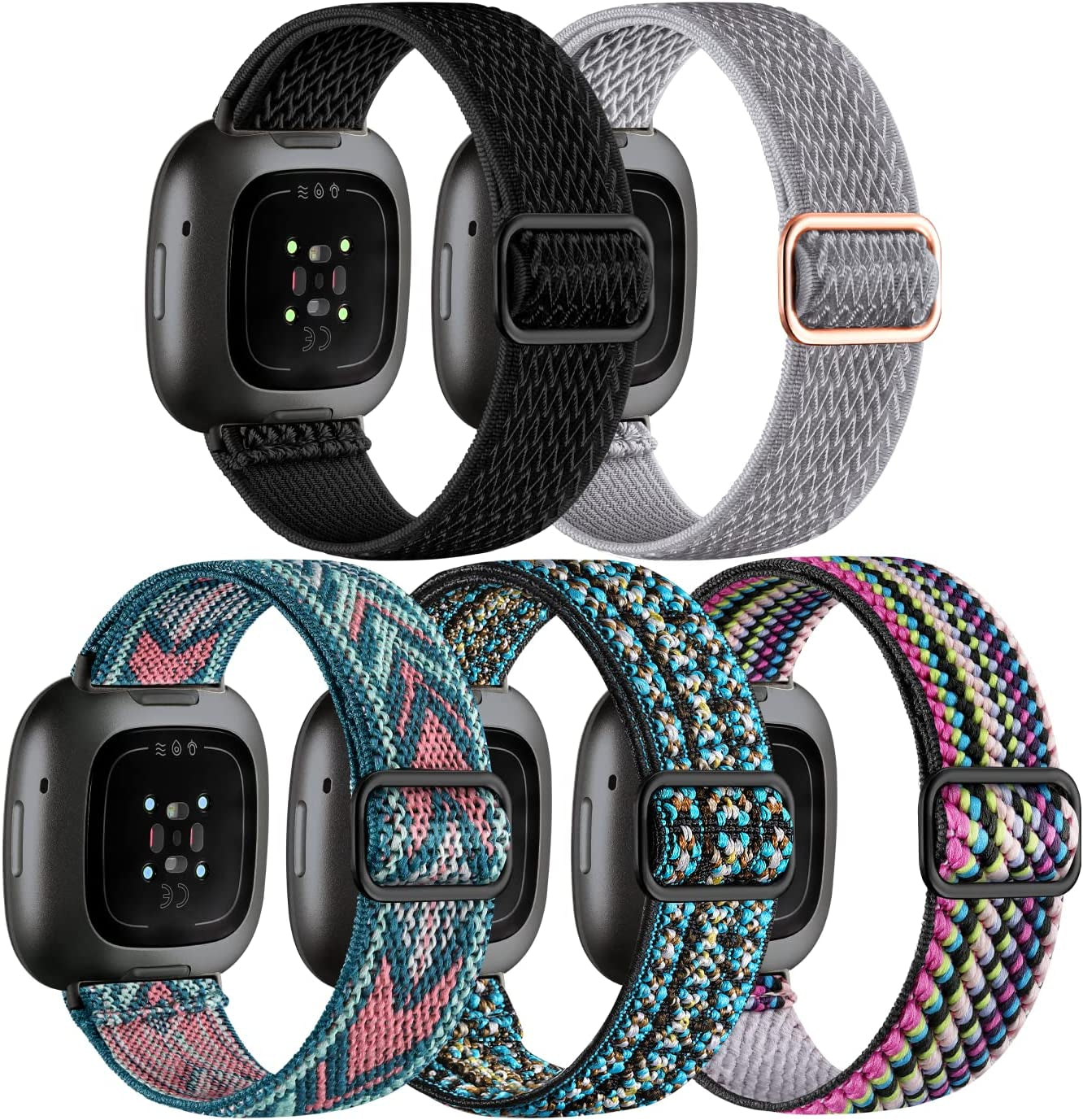 Adorve Compatible with Fitbit Versa 3 Bands/Fitbit Versa 4 Band/Fitbit Sense/Sense 2 Bands for Women Men, Adjustable Stretchy Solo Loop Elastic Nylon Sport Strap for Smartwatch Replacement  25-V3-BElastic-HeiBaiMgfenHuiYxz Black/Gray/Boho Green/Green Arrow/Colorful For Versa 3/Versa 4/Sense/Sense 2 