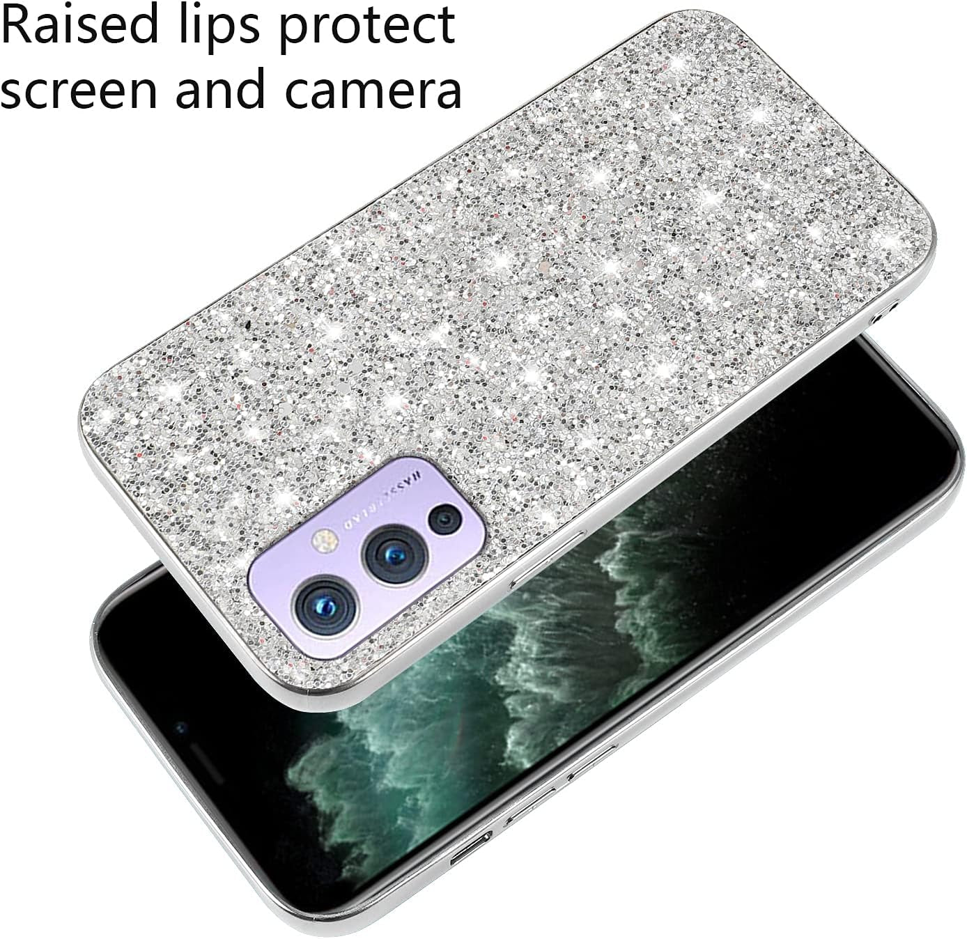 Compatible with Oneplus 9 Case Glitter Shockproof,Oneplus 9 Phone Case Bling Sparkly Soft TPU and PC Silicone Shiny Girl Women Thin Protective Cover (Silver)  Wousunly   