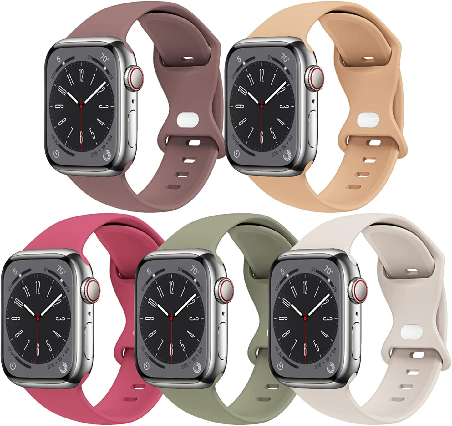 [5 PACK] STG Sport Watch Band Compatible with Apple Watch Band 38Mm 40Mm 41Mm 42Mm 44Mm 45Mm 49Mm Soft Silicone Replacement Sport Strap Compatible for Iwatch Ultra SE Series 8/7/6/5/4/3/2/1 (38Mm/40Mm/41Mm S/M, 5 PACK  STG 5 PACK N - Smokey Mauve/Milk Tea/Hibiscus/Khaki/Starlight 42mm/44mm/45mm/49mm M/L 
