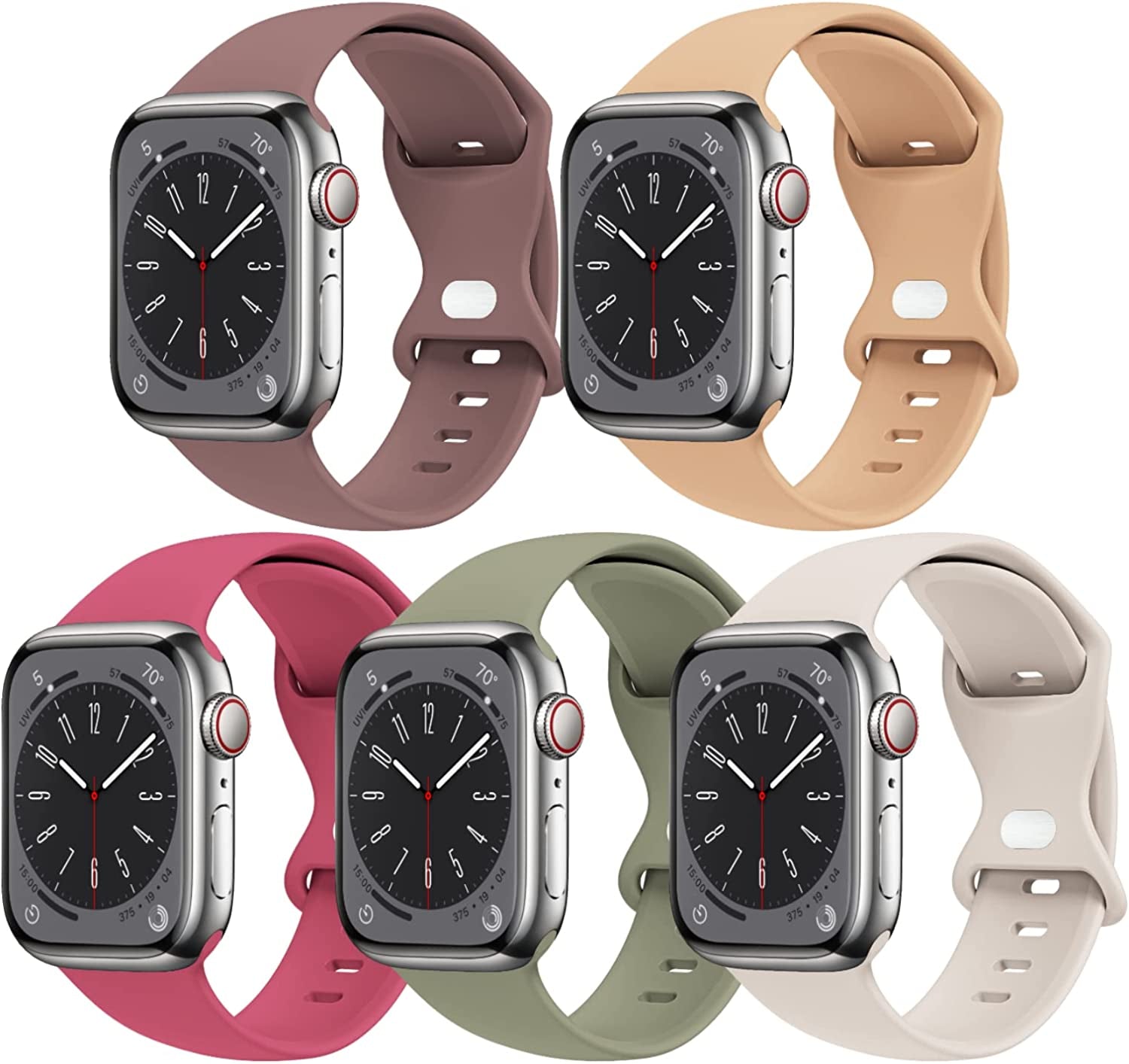 [5 PACK] STG Sport Watch Band Compatible with Apple Watch Band 38Mm 40Mm 41Mm 42Mm 44Mm 45Mm 49Mm Soft Silicone Replacement Sport Strap Compatible for Iwatch Ultra SE Series 8/7/6/5/4/3/2/1 (38Mm/40Mm/41Mm S/M, 5 PACK  STG 5 PACK N - Smokey Mauve/Milk Tea/Hibiscus/Khaki/Starlight 42mm/44mm/45mm/49mm M/L 