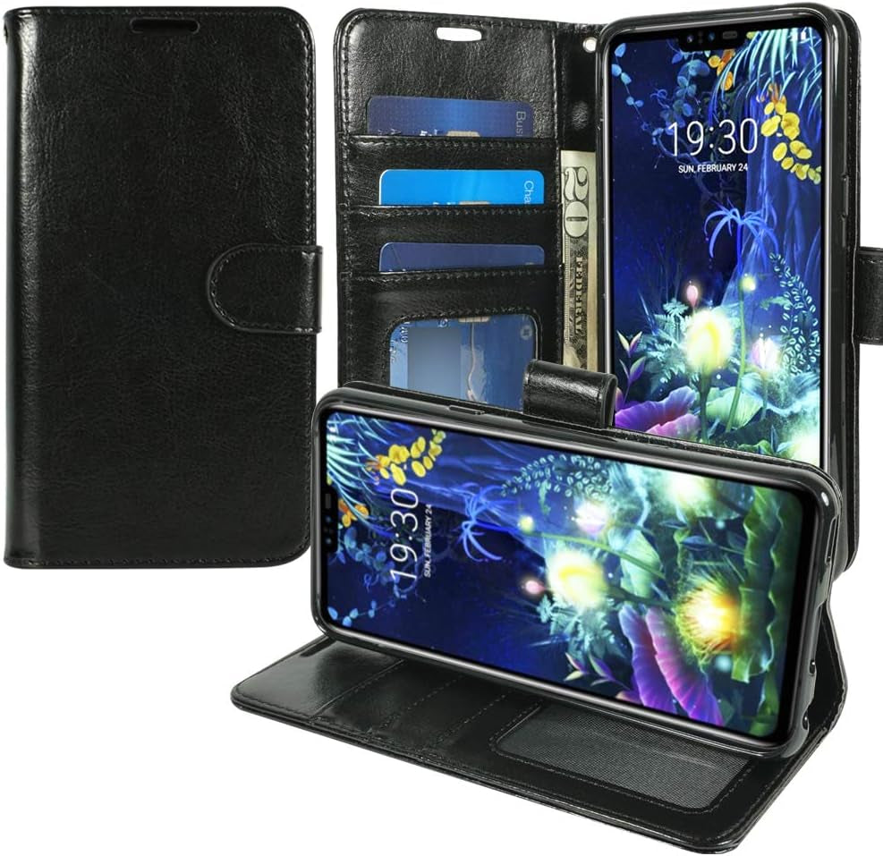 Zase LG G8 Thinq Wallet Case, Design for LG G8 Protective Cover Premium PU Leather Flip Folio TPU Case W/[Wrist Strap] Card Slot Money Pocket [Built-In Kickstand] (Solid Black)  Zase   