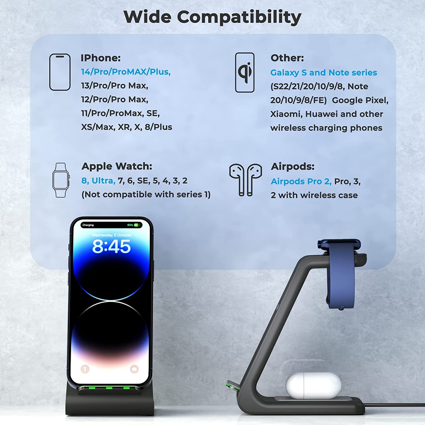 Quezqa Wireless Charging Stand - Fast Wireless Charger - 3 in 1 Charging Station for Apple Airpods Pro 3 2 Apple Watch Ultra 8 7 SE 6 5 4 Iphone 14 Pro Max 14 plus 13 12 11 Pro Max with QC3.0 Adapter  QUEZQA   