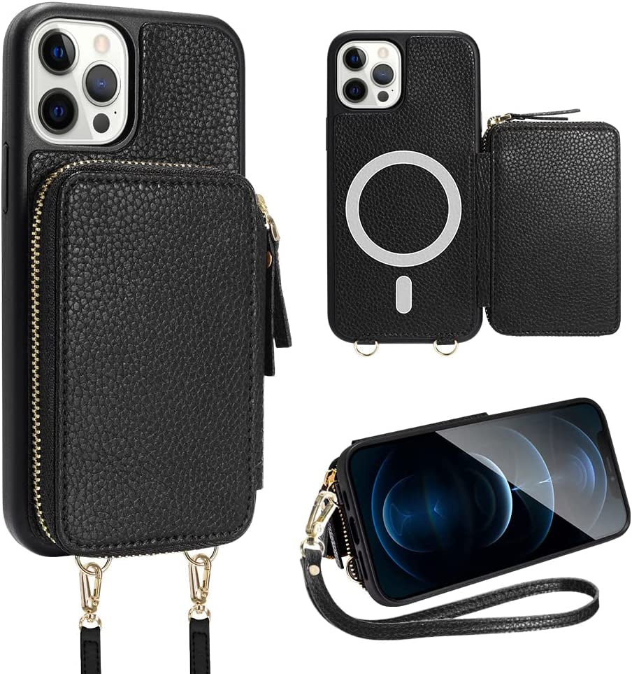 ZVE Iphone 14 Pro Crossbody Wallet Case Magsafe, Phone Case with RFID Blocking Card Holder Wrist Strap for Women, Zipper Leather Cover for Iphone 14 Pro, 6.1"-Black  ZVE Black iPhone 12 Pro Max 