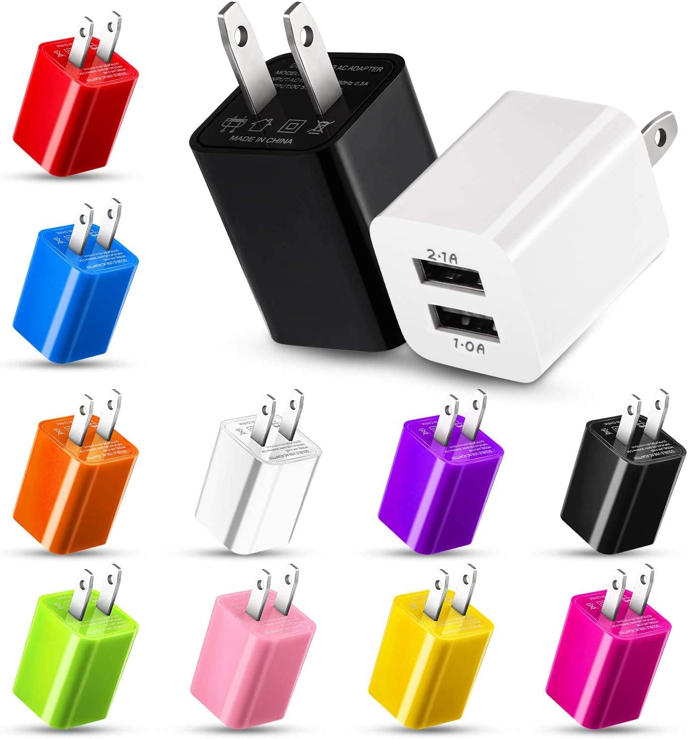12 Pieces Dual Port USB Wall Charger USB Charger Adapter Quick Charger Cube 2.1A USB Charger Wall Plug Charging Block Replacement for Most Smartphones and Tablets (Multiple Colors)  Zhanmai   