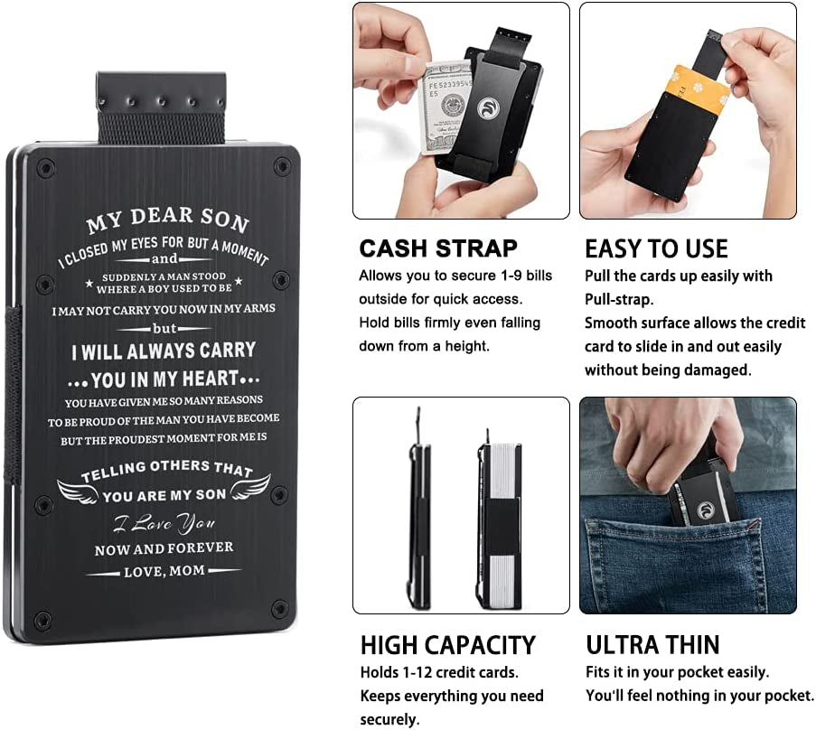 Men Minimalist Metal Engraved Wallet for Son Dad Husband Boyfriend | Slim Front Pocket RFID Blocking Aluminum Tactical Card Holder with Cash Strap | Personalized Birthday Christmas Graduation Gift  FeiYen   