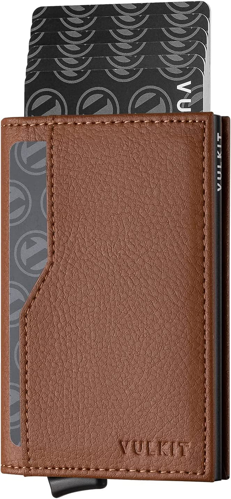 VULKIT Card Holder with ID Window Pop up Cards Slim Leather Wallet RFID Protection up to 12 Cards Card Case  VULKIT Brown  