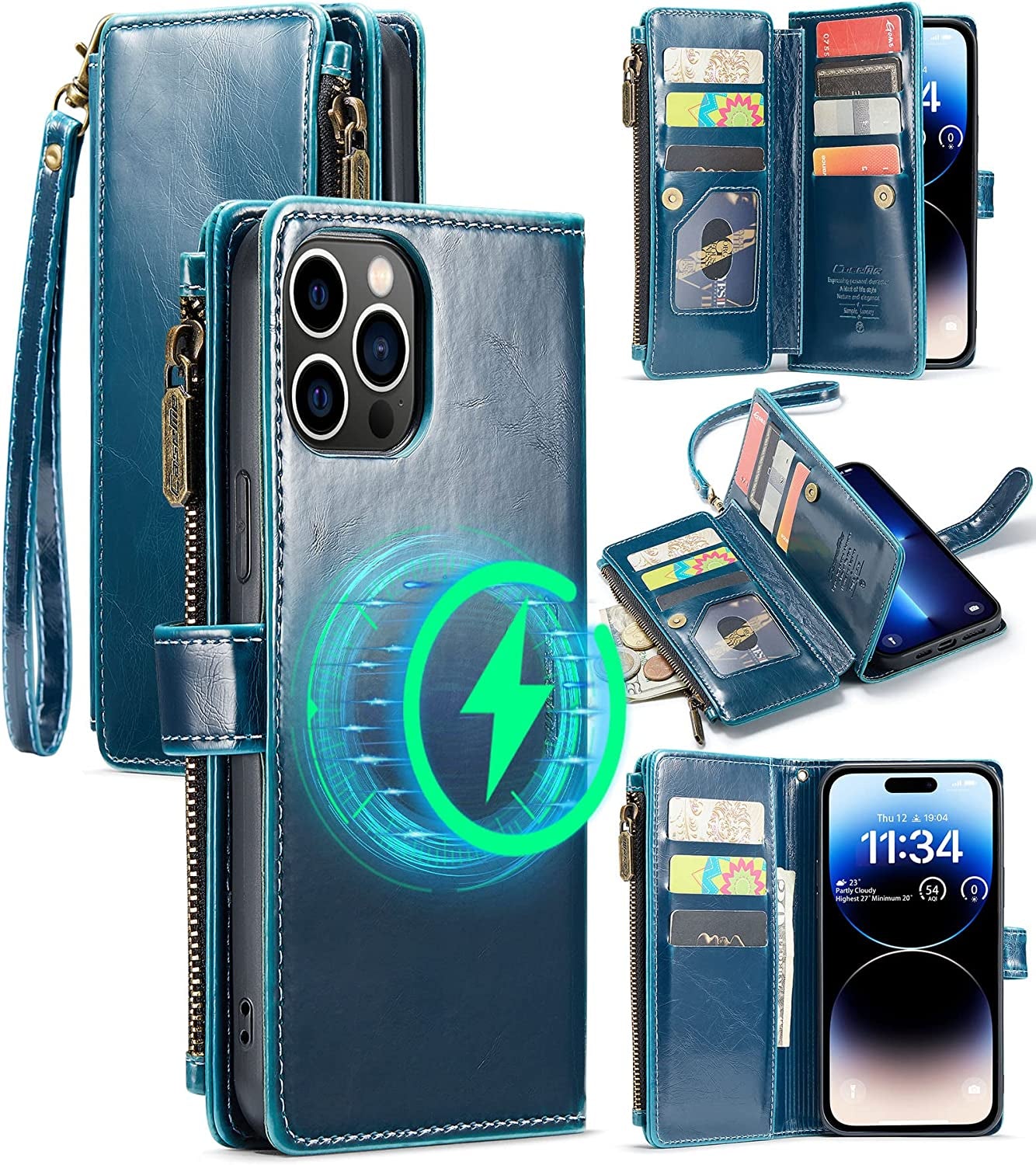FLIPALM Wallet Case for Iphone 14 Pro(6.1") Flip Case,Compatible with Magsafe Charger,Pu Leather Zipper Protective Lanyard Strap Wristlet Case with Magnetic Closure and Card Holder Luxury Coffee  FLIPALM Luxury Blue iPhone 14 Pro Max 