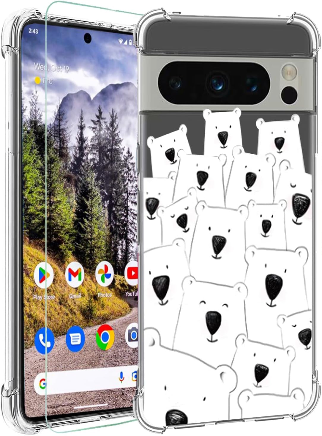 Ftonglogy for Google Pixel 8 Pro 5G Case with Screen Protector: Clear Cute Flower Floral Design for Girls Women Slim Soft TPU Bumper Shockproof Silicone Cell Phone Cover (Funny Cat)  Ftonglogy Bear  